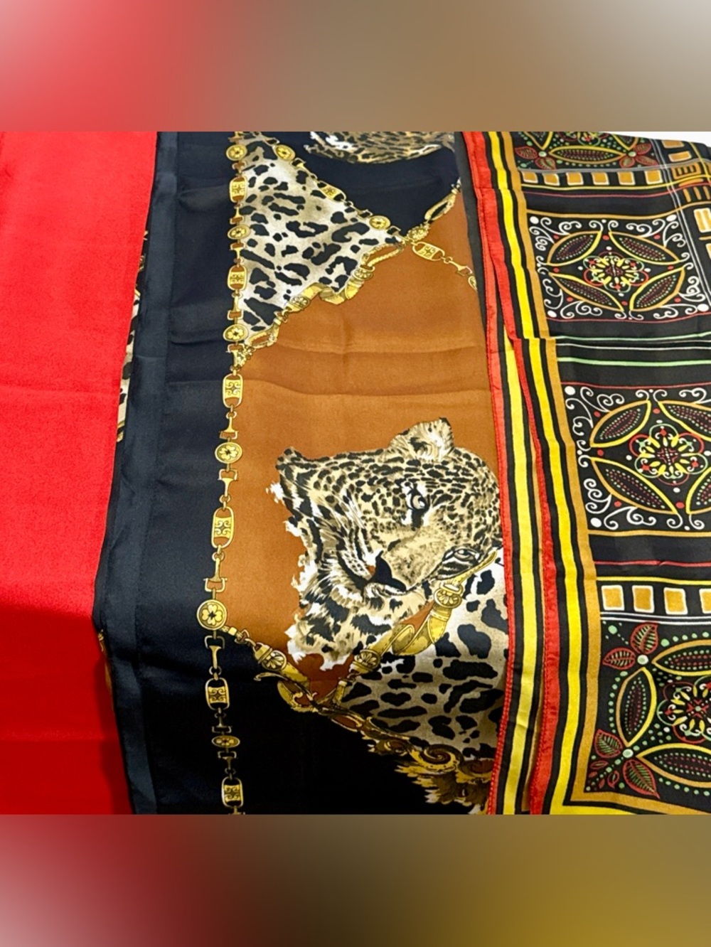 Leopard Print Silk-Feel Scarf in Black, Brown & Gold